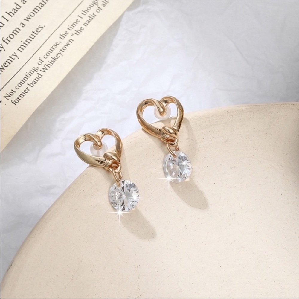 Gold Heart Earrings with Crystals NEW - Picture 6 of 14